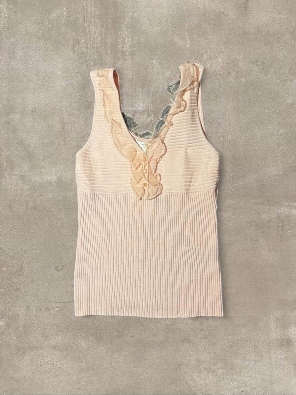 Pink ribbed knit tank top with lace trim